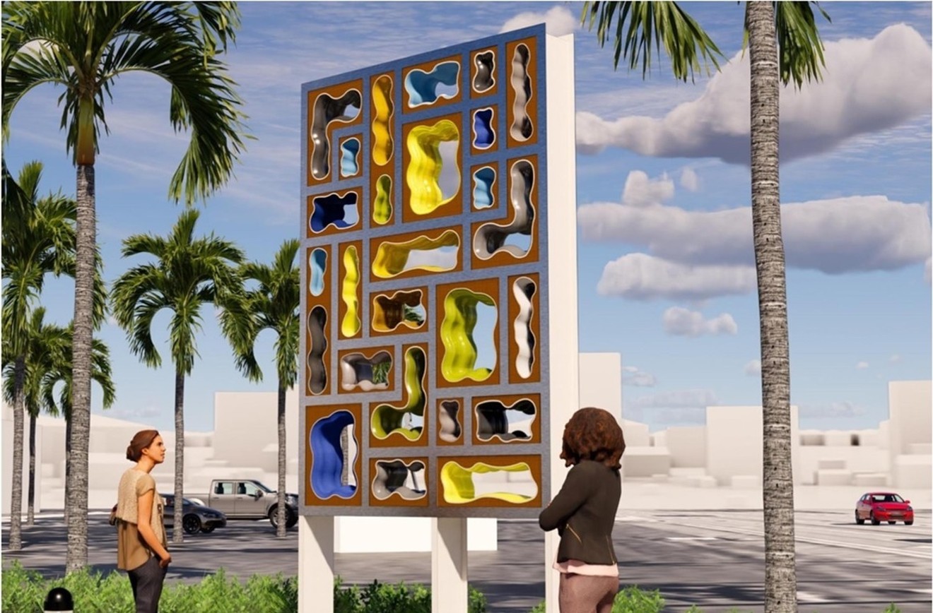 Passersby stare at various squiggly voids in an art installation outside the Broward Sheriff's Office.