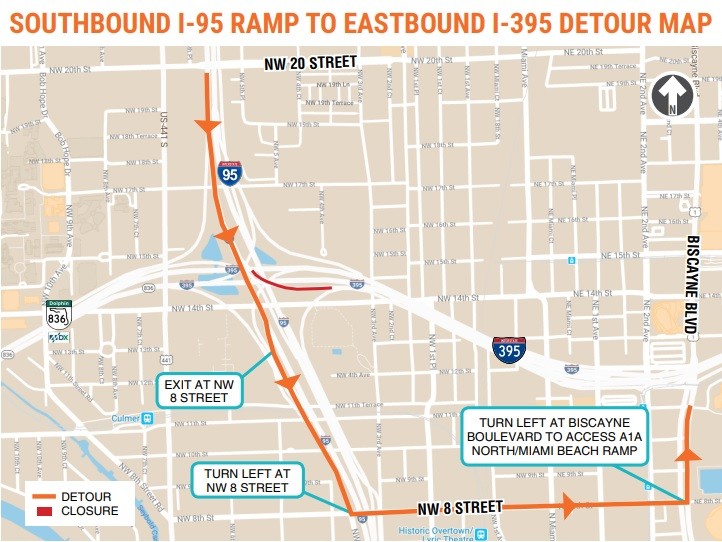 Map of a detour for the February 25-26, 2024 closure of I-395 in Miami