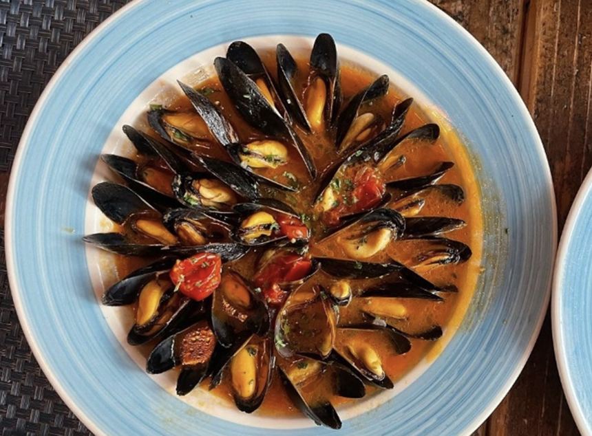 Mussels in a blue bowl